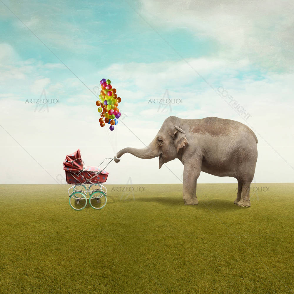 Elephant Leading Walking Her Child In A Wheelchair — custom-size art design 5004046