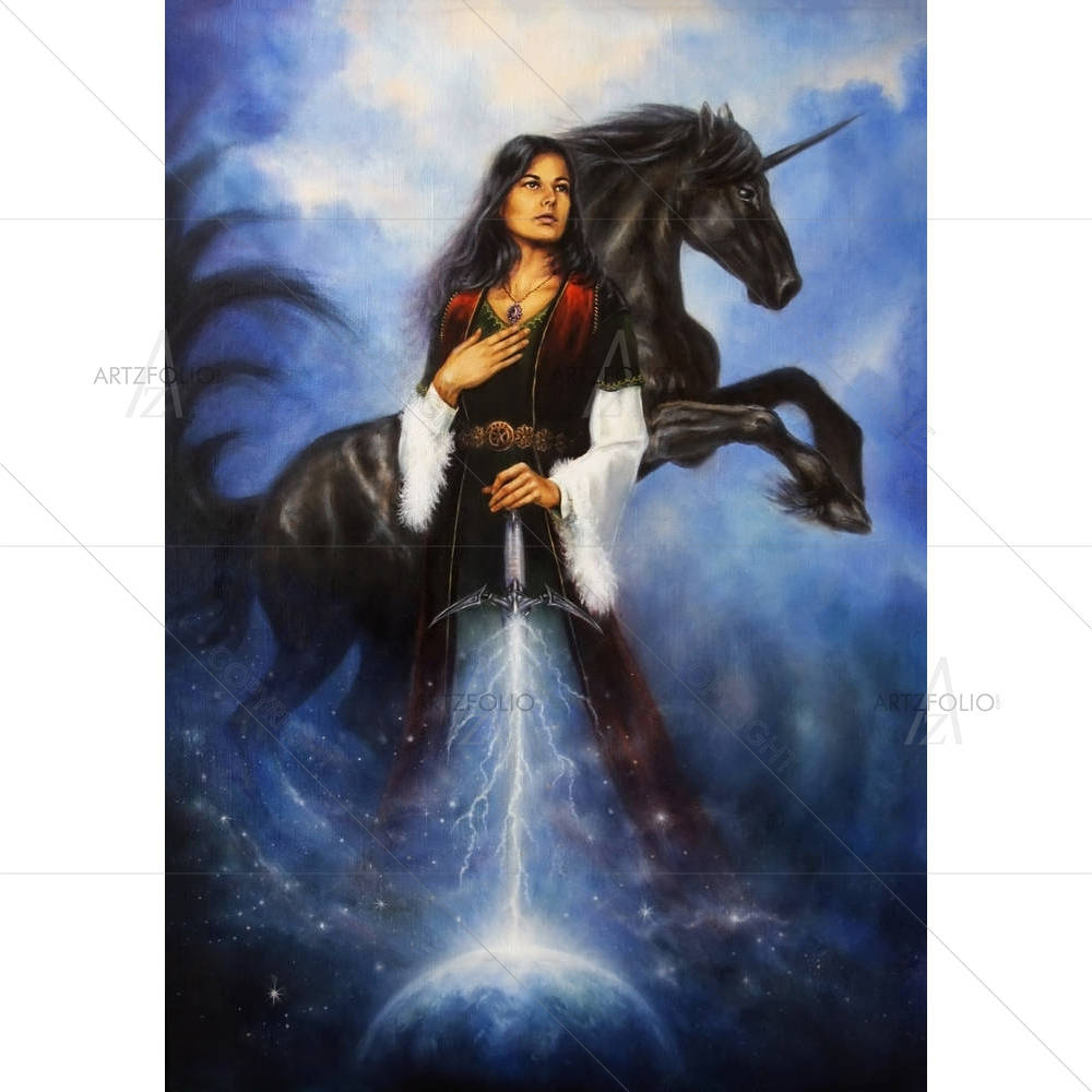 Beautiful Woman With The Unicorn In Space — custom-size art design 5004069