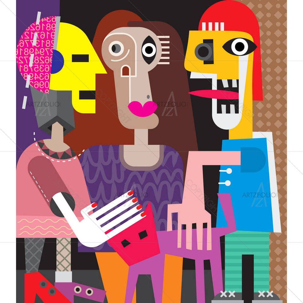 Two Women, A Man & A Cat — custom-size art design 5004090