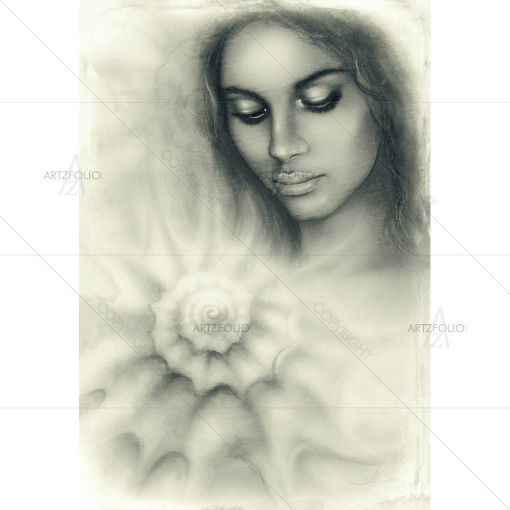 Woman Meditating Upon A Spiraling Seashell — custom-size art design 5004185