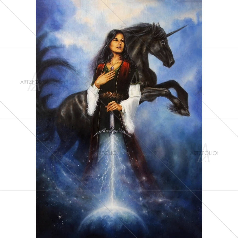 Young Mystic Woman With Black Unicorn — custom-size art design 5004279