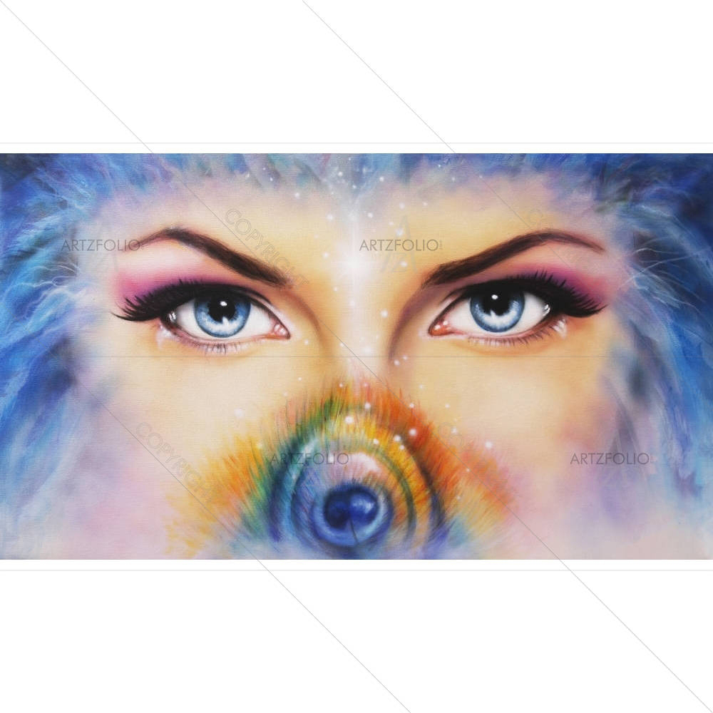 Blue Eyes Women With Colored Peacock Feather — custom-size art design 5004280