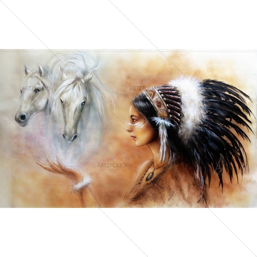 Woman Wearing Feathers With Two White Horse Spirits — custom-size art design 5004281