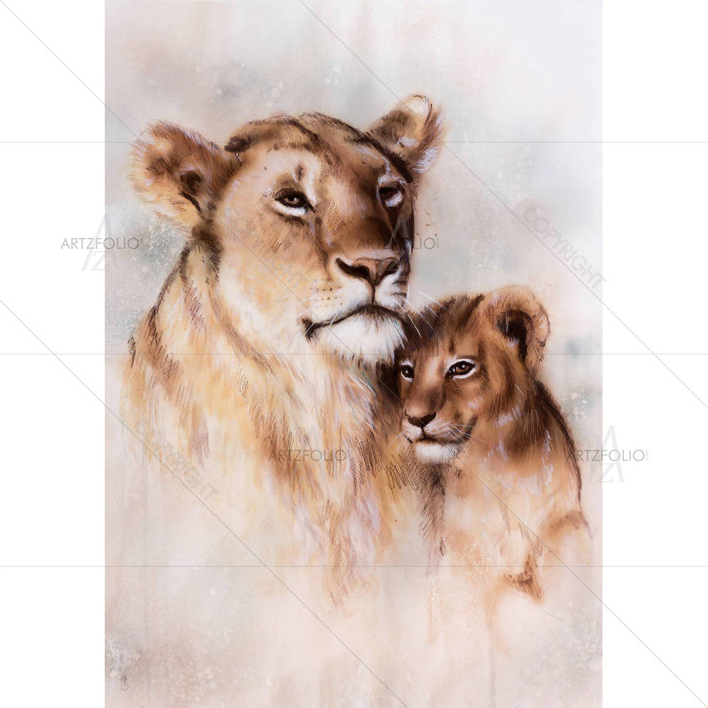 Lion Mother & Her Baby Cub — custom-size art design 5004283