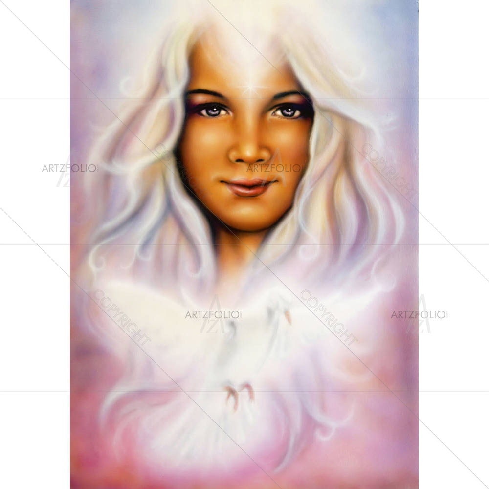 Young Girl With Radiant White Hair & Shining Dove — custom-size art design 5004284