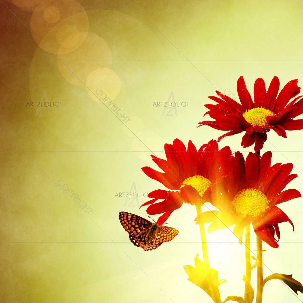 Red Flowers & Butterfly — Botanical custom art by ArtzFolio