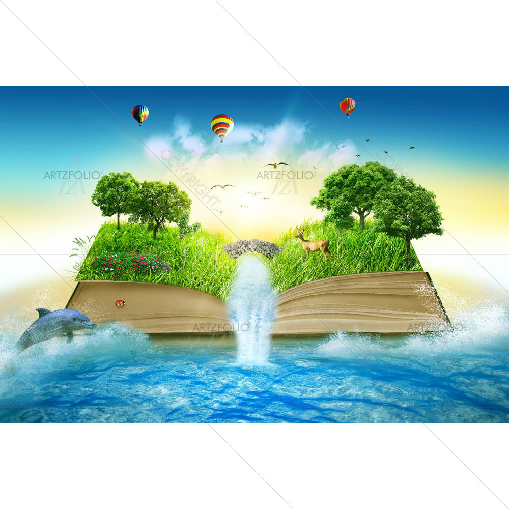 Magic Book Covered With Grass Trees & Waterfall — Astronomy custom art by ArtzFolio