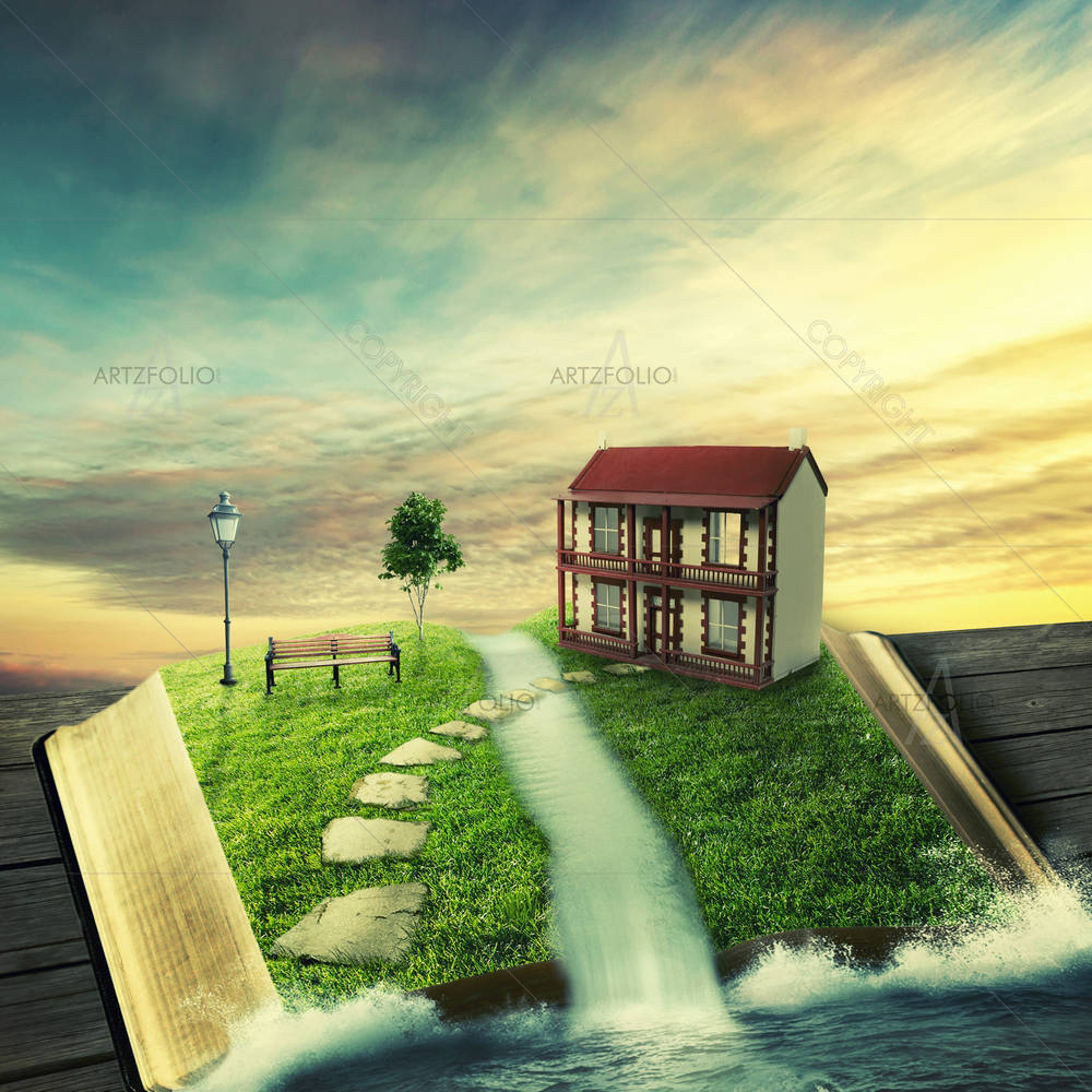 Magic Book With Family Home, Covered With Grass — custom-size art design 5004306