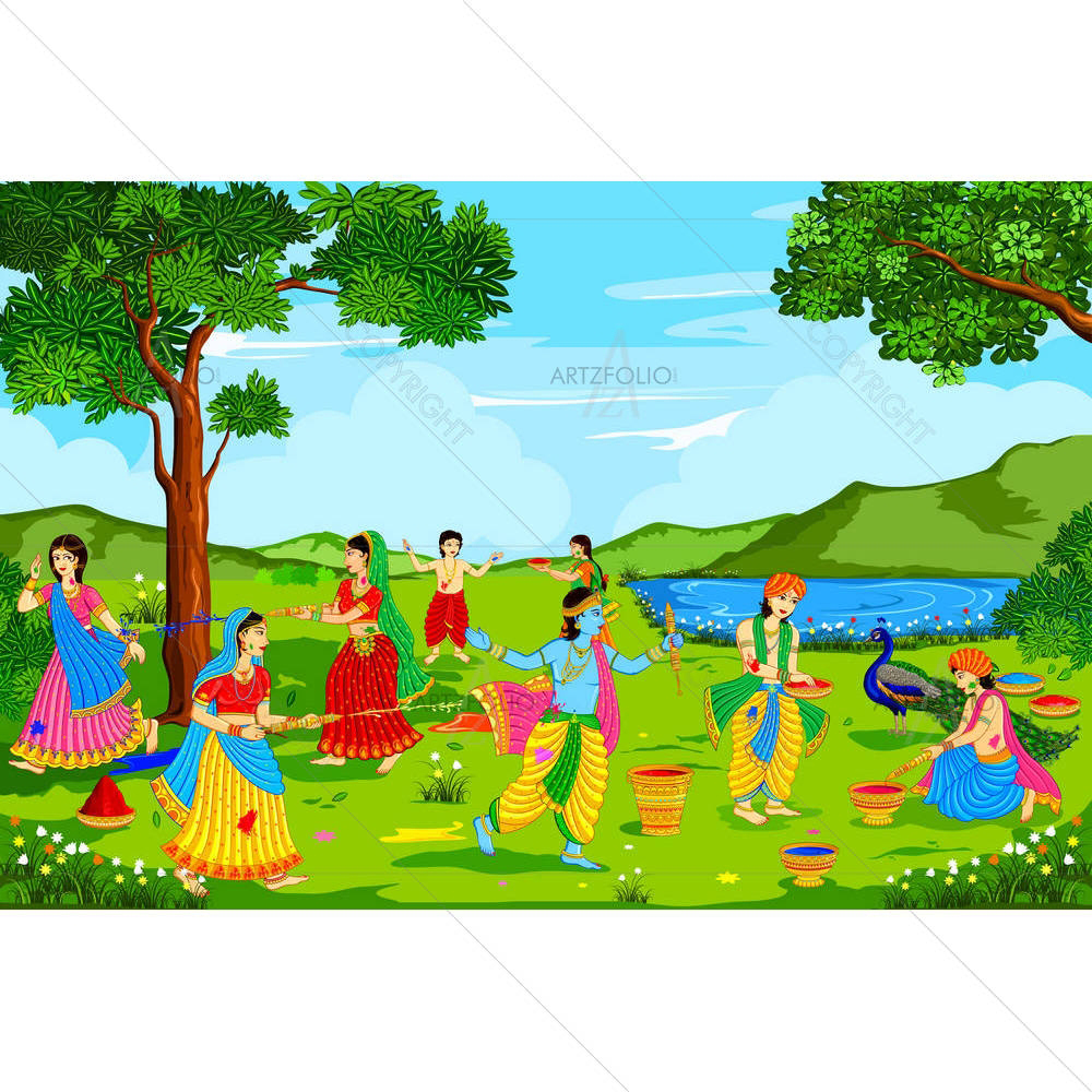 Radha Krishna Playing Holi — Devotional custom art by ArtzFolio