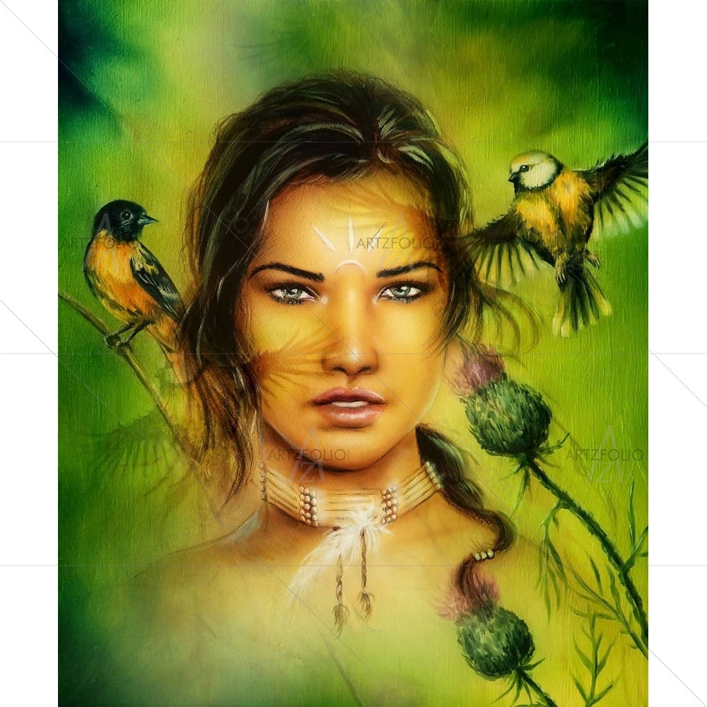 Young Indian Woman Wearing A Big Feather — Abstract custom art by ArtzFolio