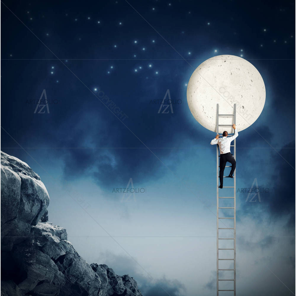 Man Scales The Sky For Moon — Astronomy custom art by ArtzFolio