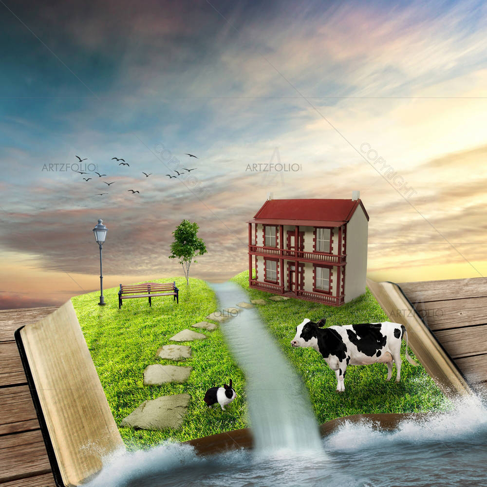 Magic Open Book With Family Home — Landscapes custom art by ArtzFolio
