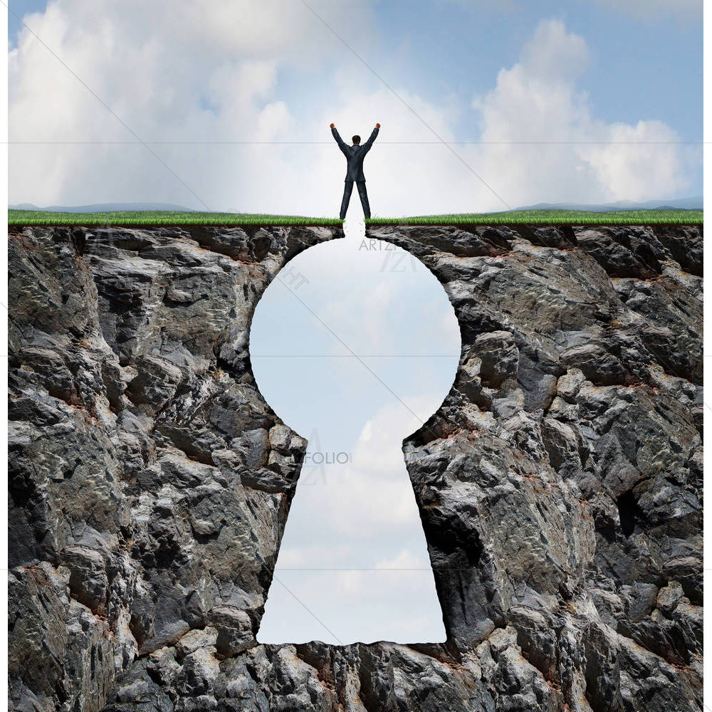 Businessman Standing On Keyhole Mountain Cliff — Abstract custom art by ArtzFolio