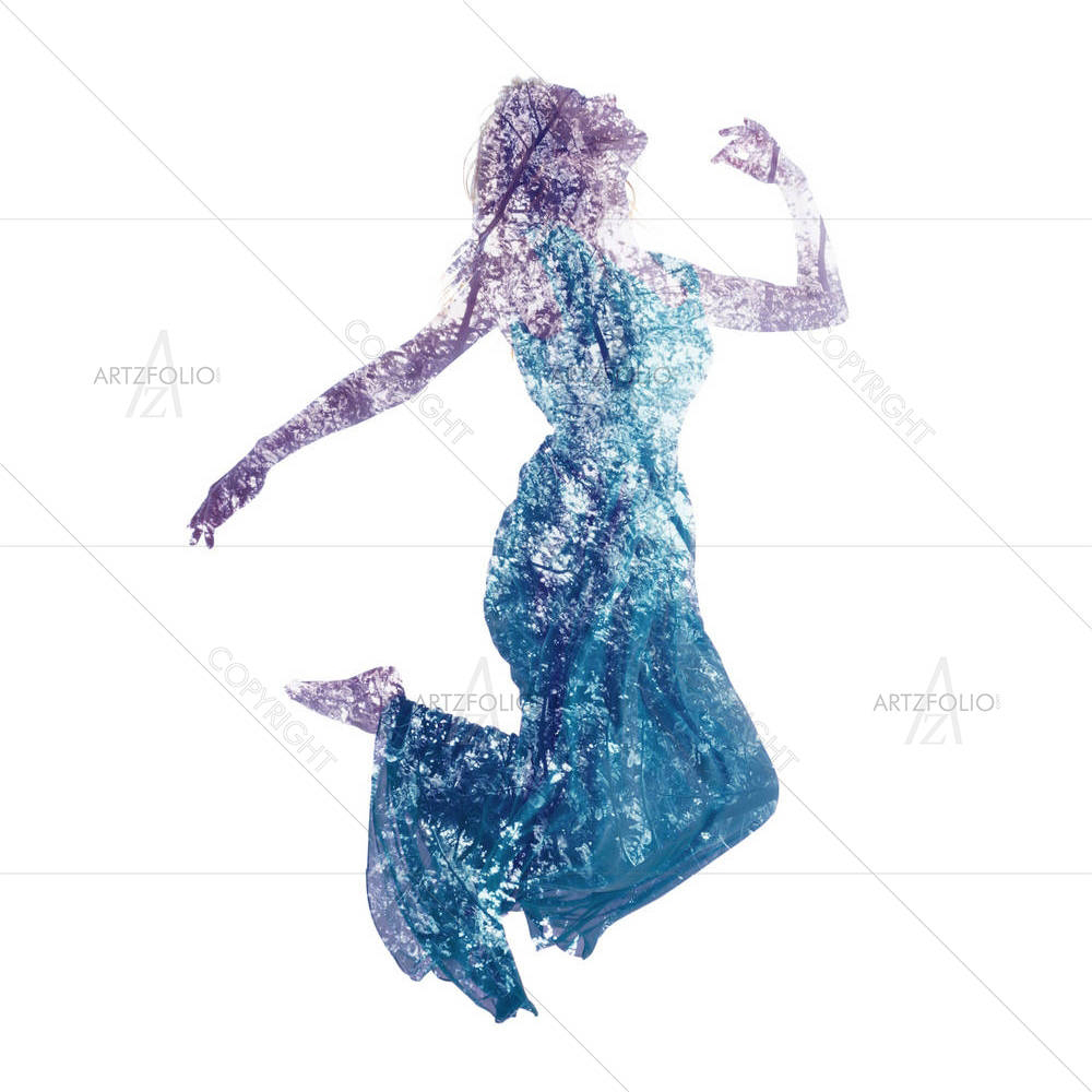 Woman Jumping With Leaves — custom-size art design 5004555