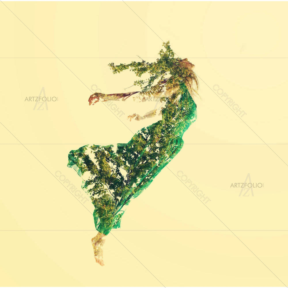 Woman Flying with Leaves — custom-size art design 5004556