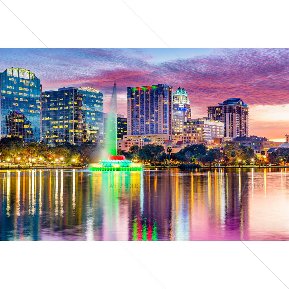 Orlando, Florida, USA Skyline At Dusk On Eola Lake — custom-size art design 5004562