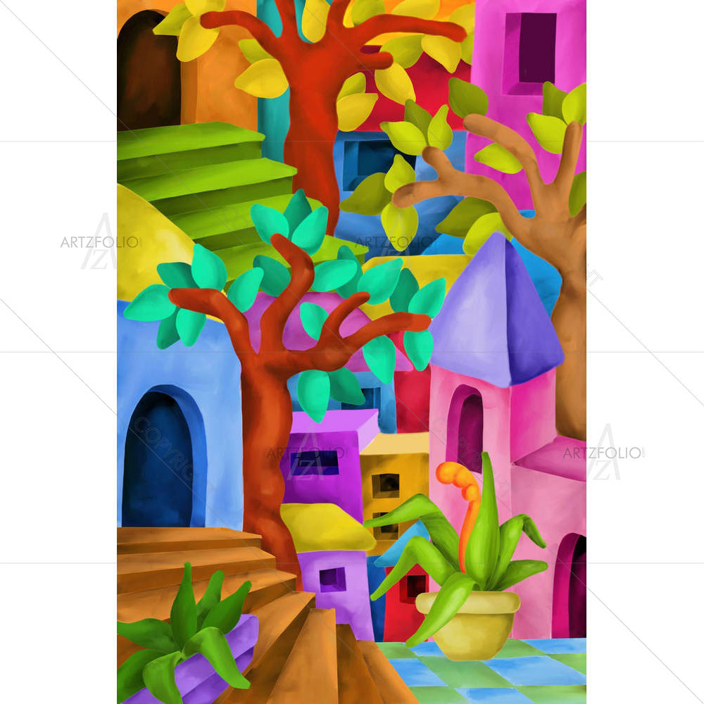 Colorful Houses & Trees — custom-size art design 5004608