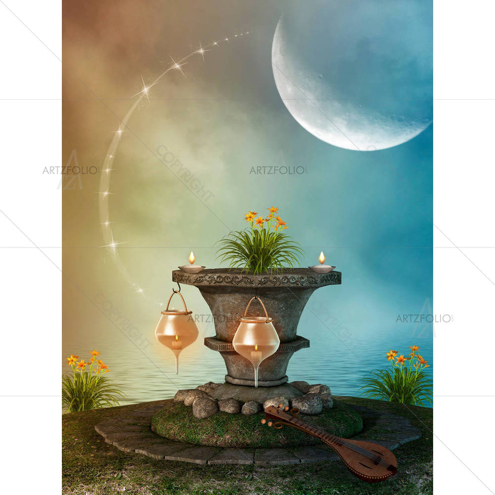 Stone Pedestal & Lamps — custom-size art design 5004628