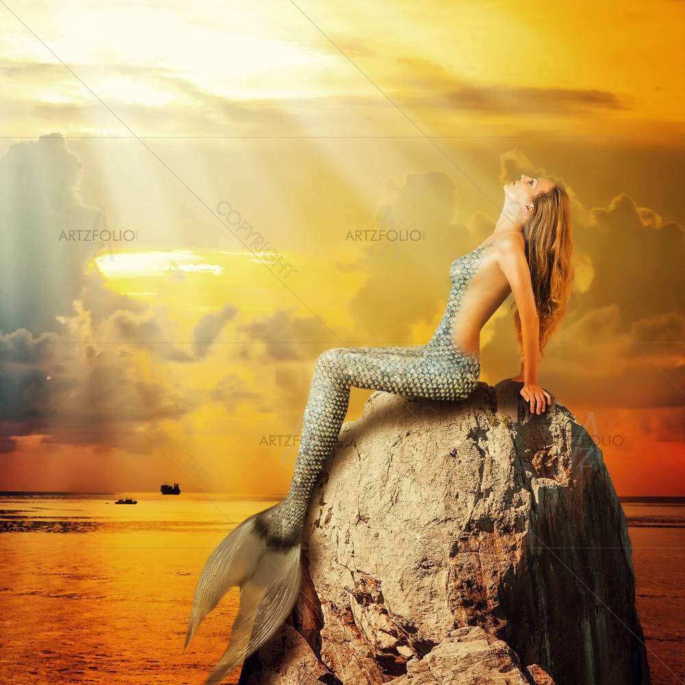 Mermaid With Fish Tail Swimming In The Sea — custom-size art design 5004733