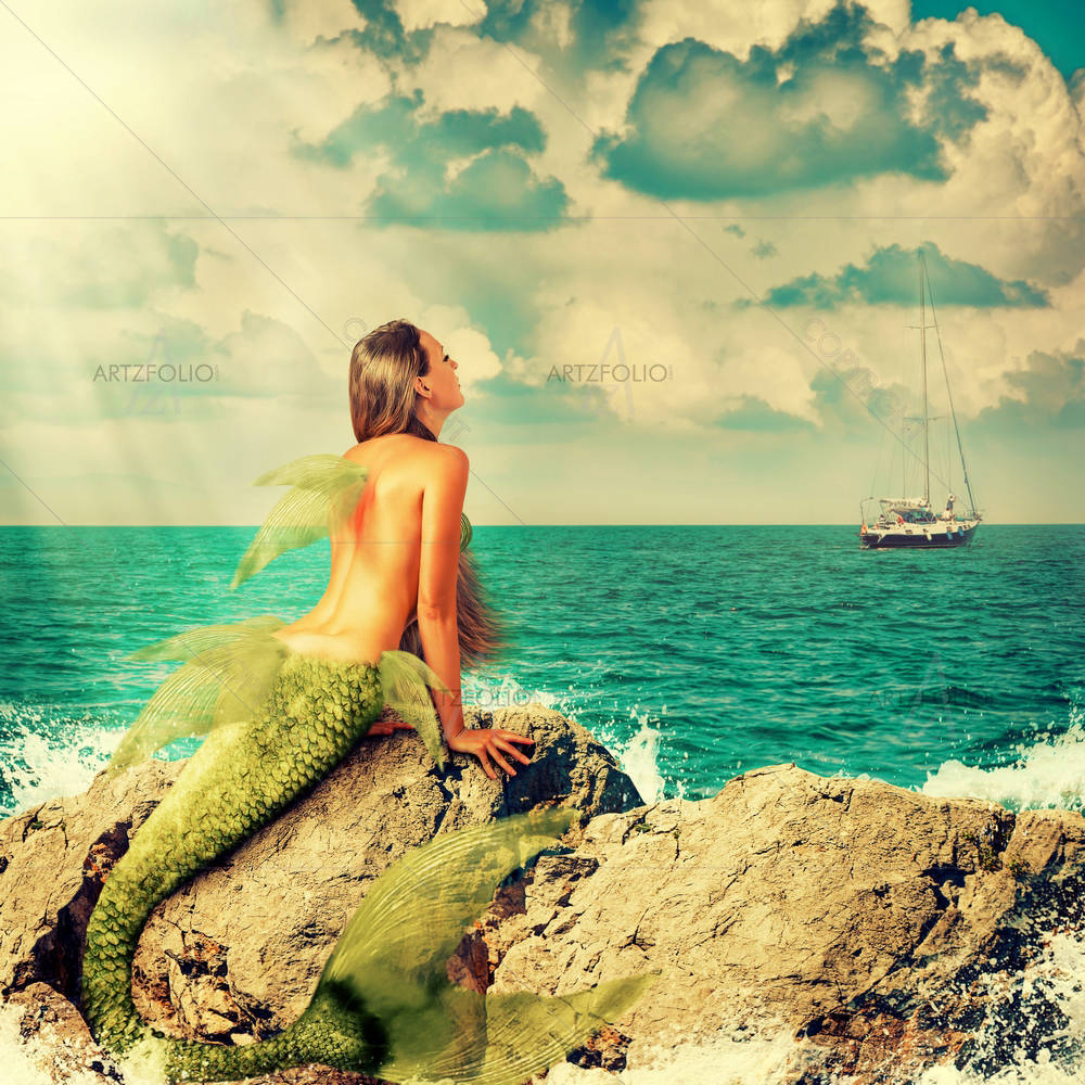 Mermaid With Fish Tail Sitting On Rocks — Fluid marble custom art by ArtzFolio