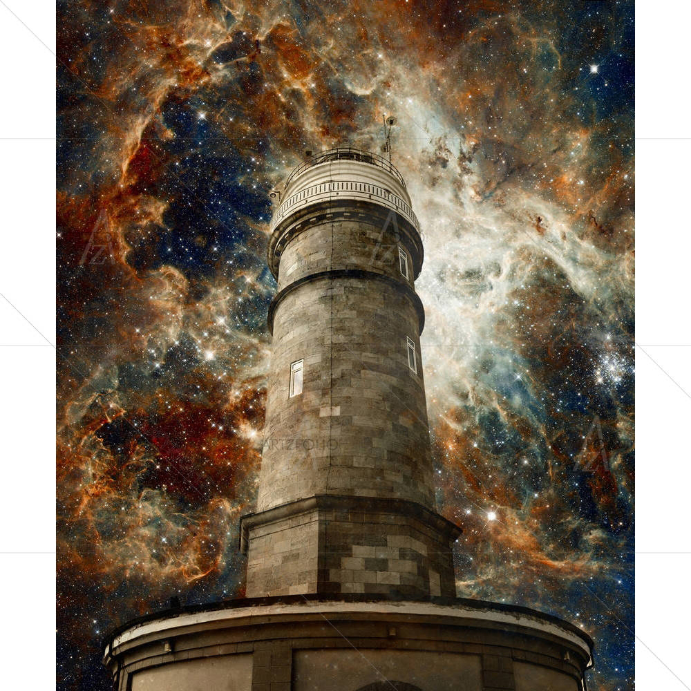 Santander Lighthouse & The Tarantula Nebula — Devotional custom art by ArtzFolio
