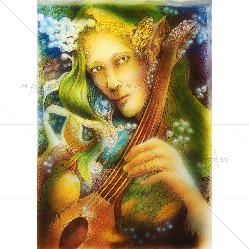 Elven Man Face With Green Hair & Pearls — custom-size art design 5004771