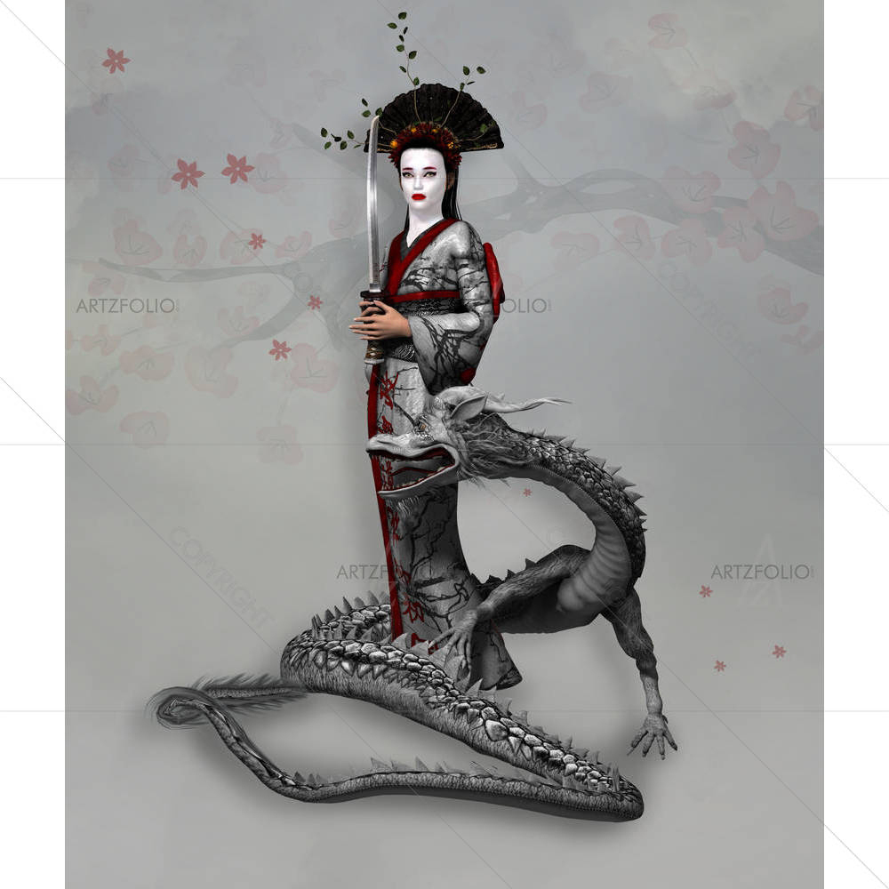 Female Samurai With Katana & Dragon — custom-size art design 5004774