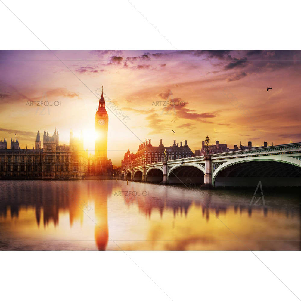 Big Ben & Westminster Bridge At Dusk, London, UK — custom-size art design 5004892