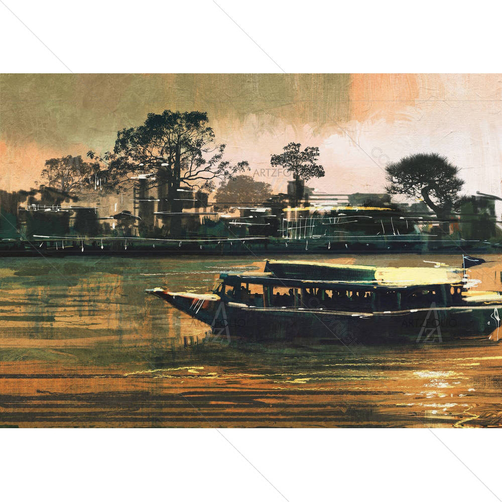 Ferry Carries Passengers On River — Abstract custom art by ArtzFolio