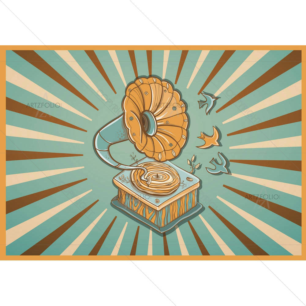 Retro Gramophone Birds & Plants — custom-size art design 5004984