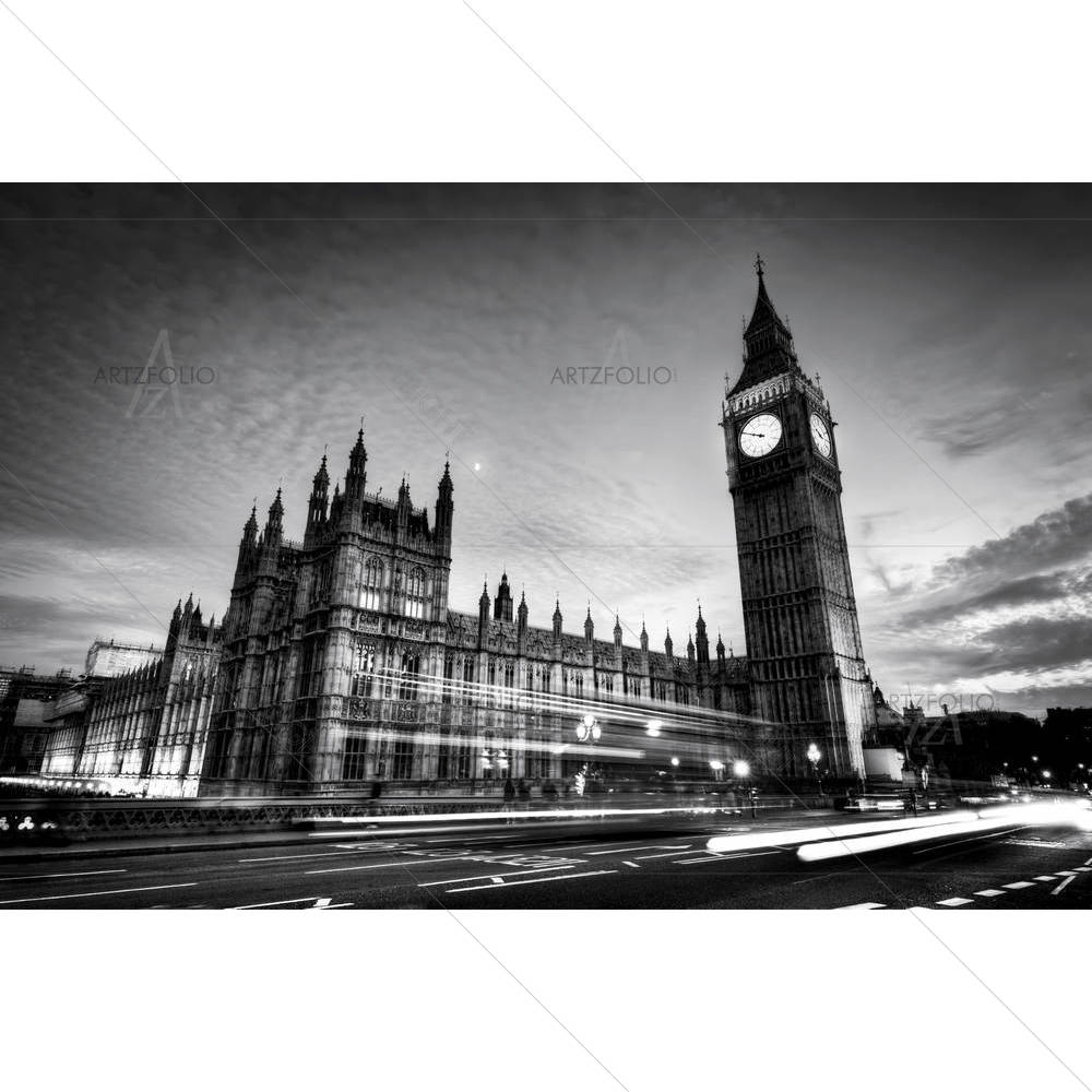 Red Bus, Big Ben & Westminster Palace In London, UK — Ancient custom art by ArtzFolio