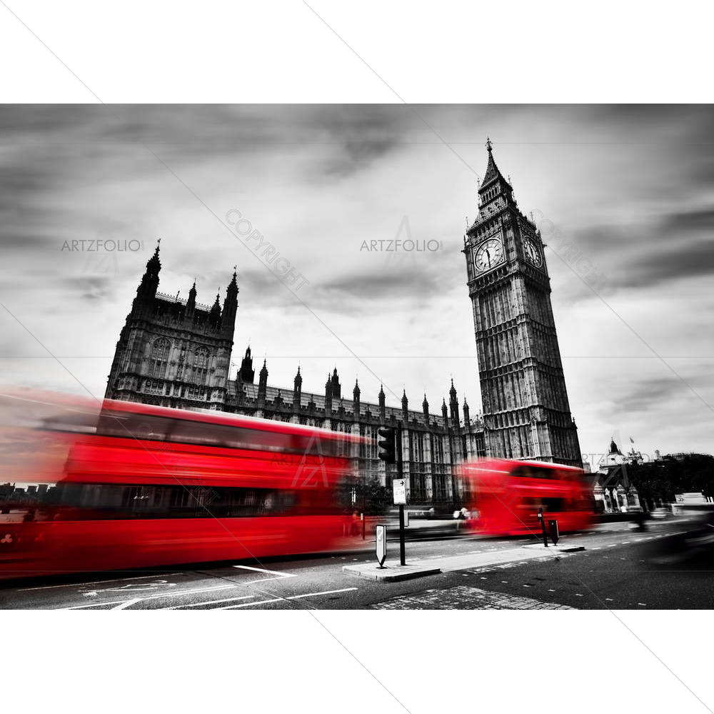 Red Buses, Big Ben & Westminster Palace in London UK D4 — Ancient custom art by ArtzFolio