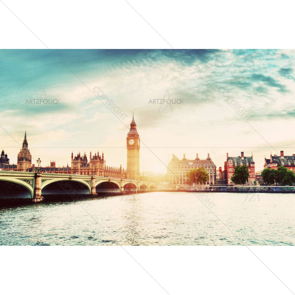 Big Ben, Westminster Bridge River Thames In London — Ancient custom art by ArtzFolio