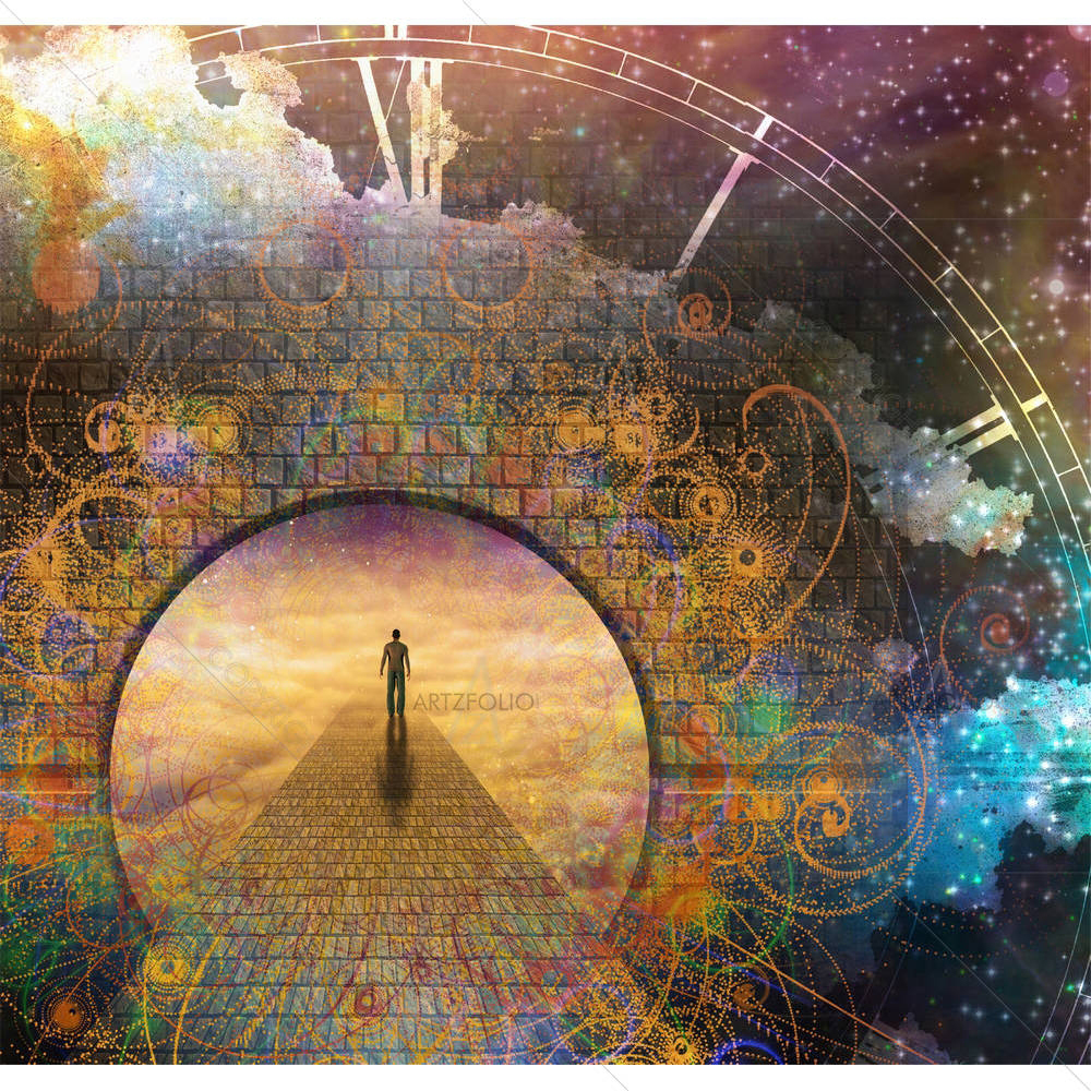Man On Path & Doorway With Aged Clock — custom-size art design 5005113