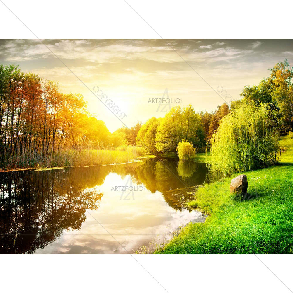 Sunset Over Calm River In The Park — custom-size art design 5005146