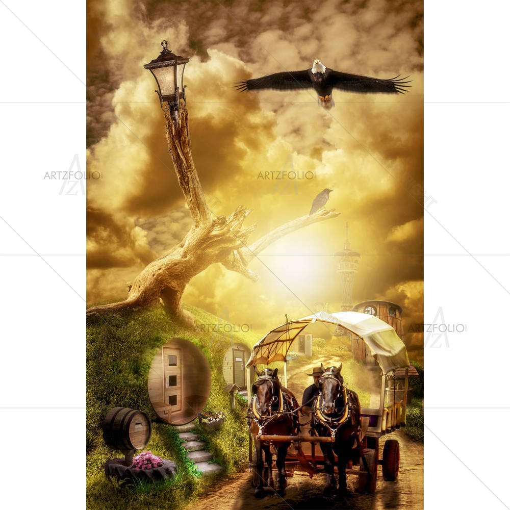 Cart In A Fantastic City — custom-size art design 5005151