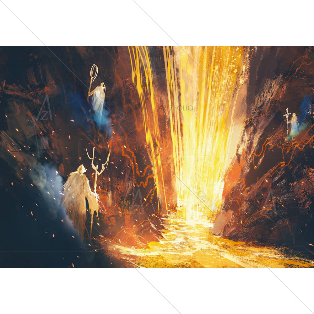 Three Wizards Casting A Spell In Lava Cave — custom-size art design 5005159