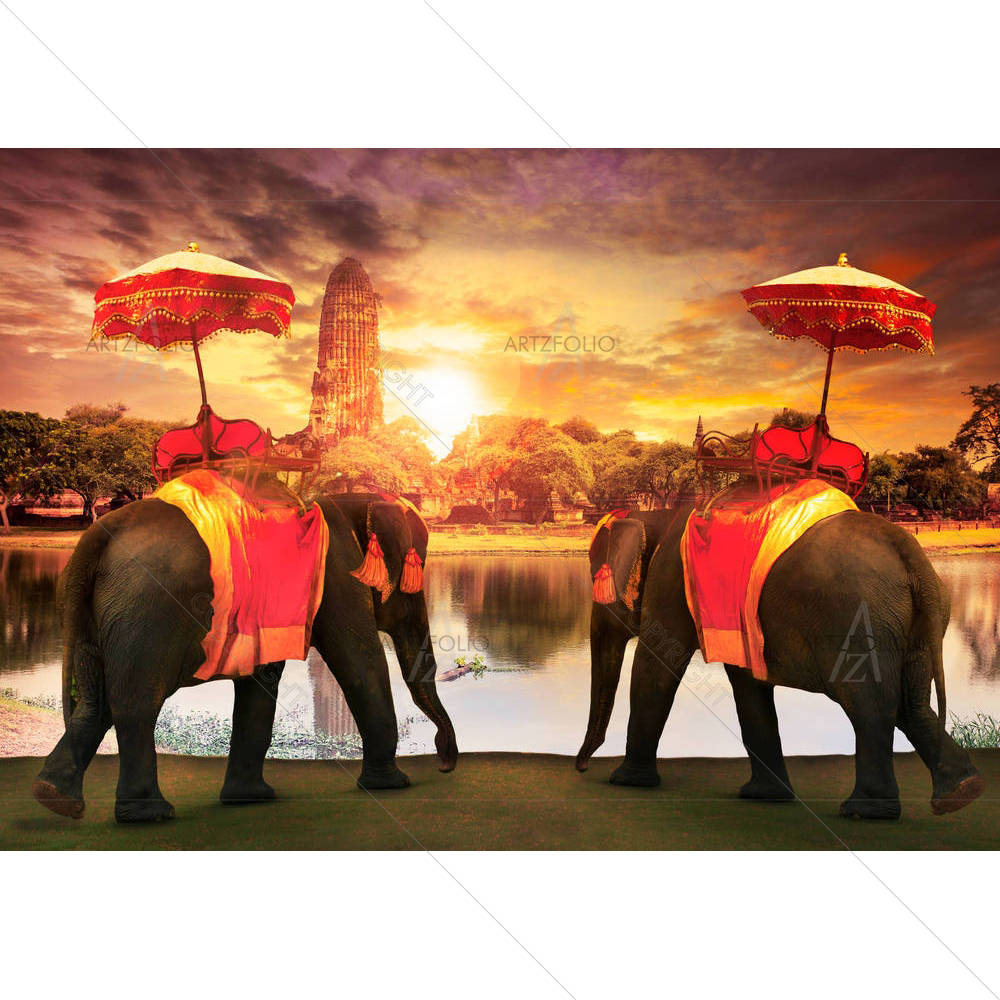 Thai Tradition Elephants In Old Pagoda In Ayuthaya — custom-size art design 5005179
