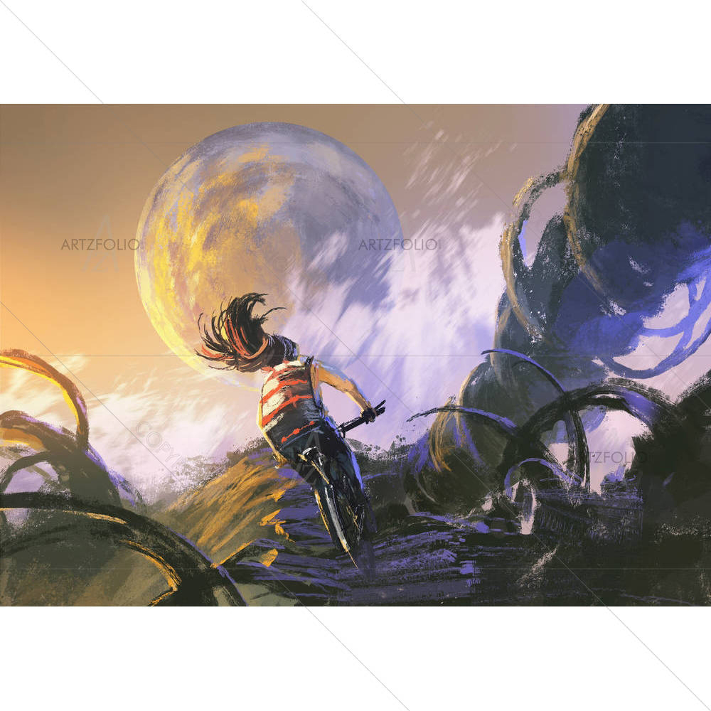 Cyclist Riding A Bike Climbing On Rocky Mountain — custom-size art design 5005203