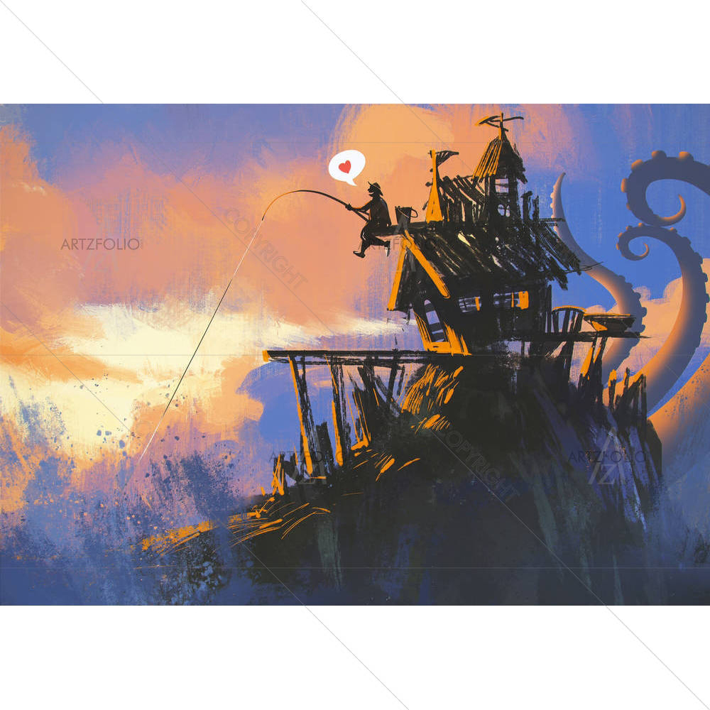 Fisherman On An Old House — custom-size art design 5005204