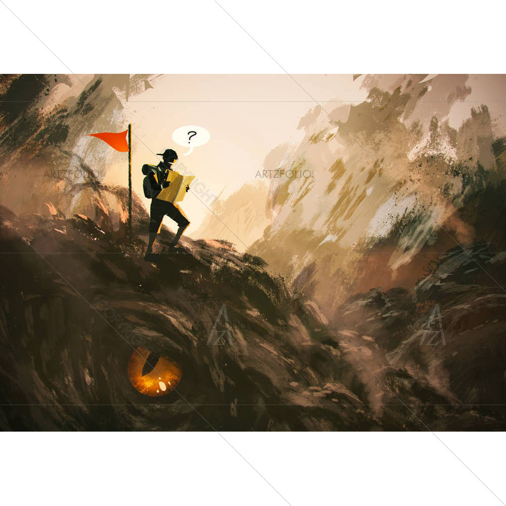 Lost Hiker With Backpack Looking At Map — custom-size art design 5005206