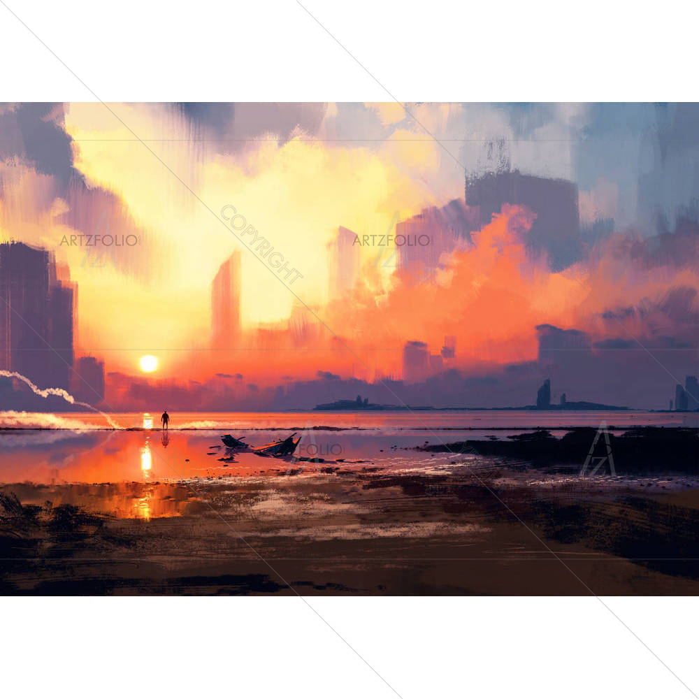 Man On Sea Beach Looking At Skyscraper — Abstract custom art by ArtzFolio