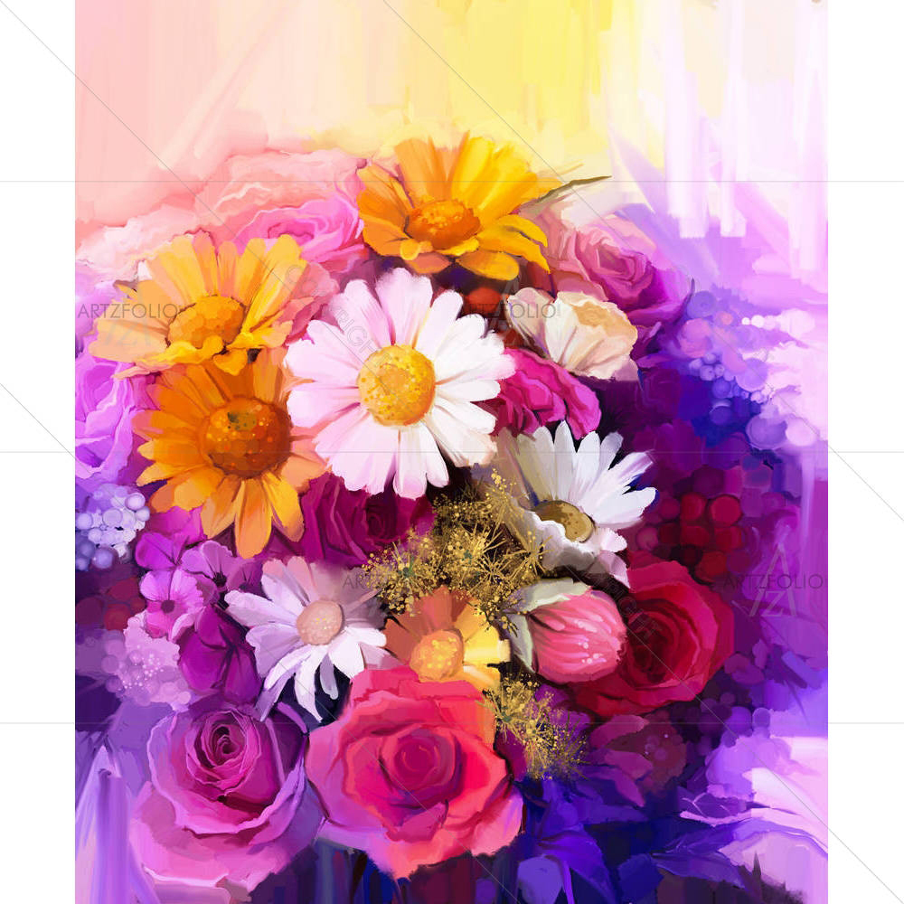 Still Life Of Yellow Red & Pink Color Flower D1 — custom-size art design 5005238