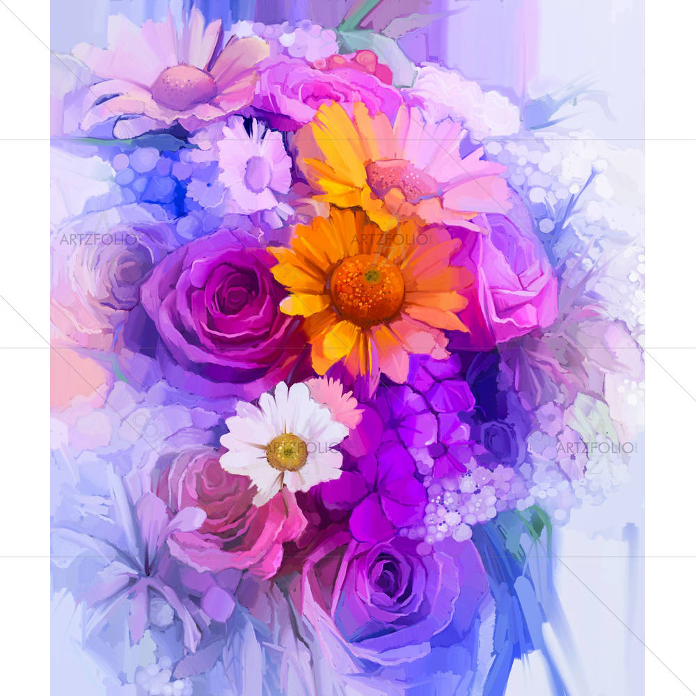 Still Life Of Yellow Red & Pink Color Flower D2 — Botanical custom art by ArtzFolio