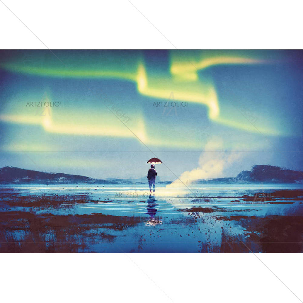 Northern Lights Aurora Borealis Over Man — custom-size art design 5005247