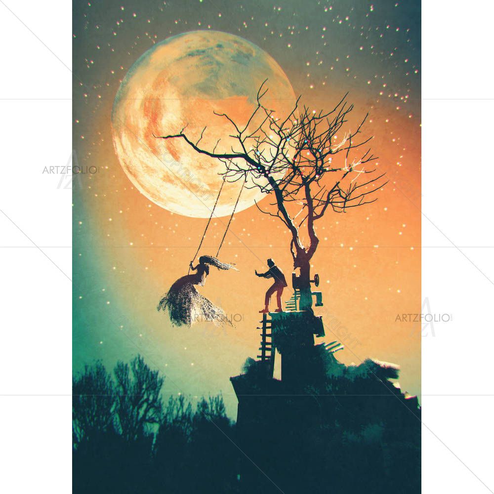 Man Pushing Woman On Swing — custom-size art design 5005252