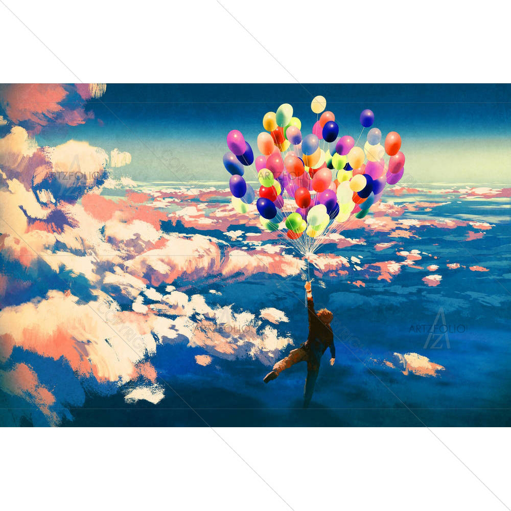 Man Flying With Colorful Balloons — custom-size art design 5005286