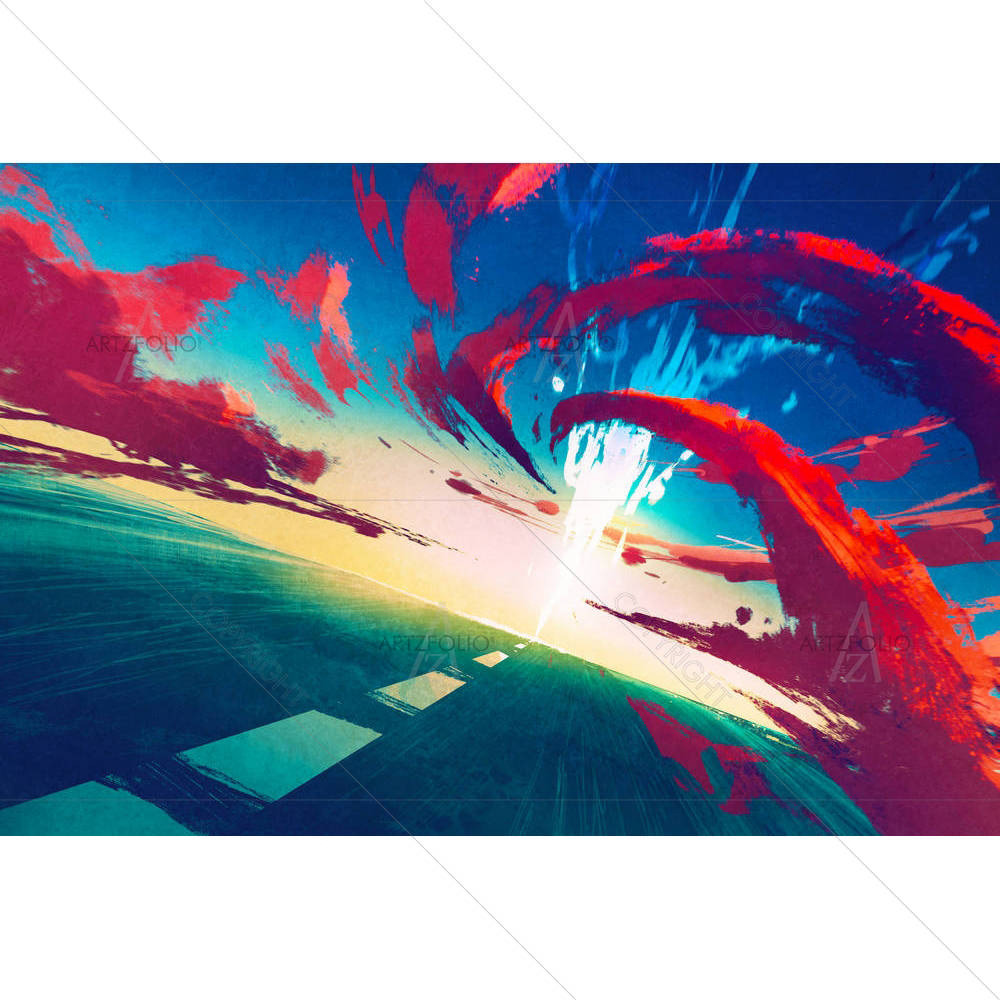 Road With Lightning & Red Storm — custom-size art design 5005348