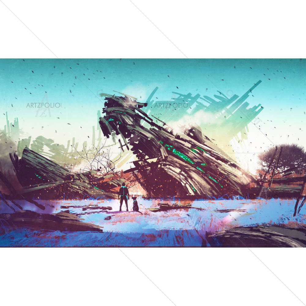 Spaceship Crashed On Blue Field — custom-size art design 5005349