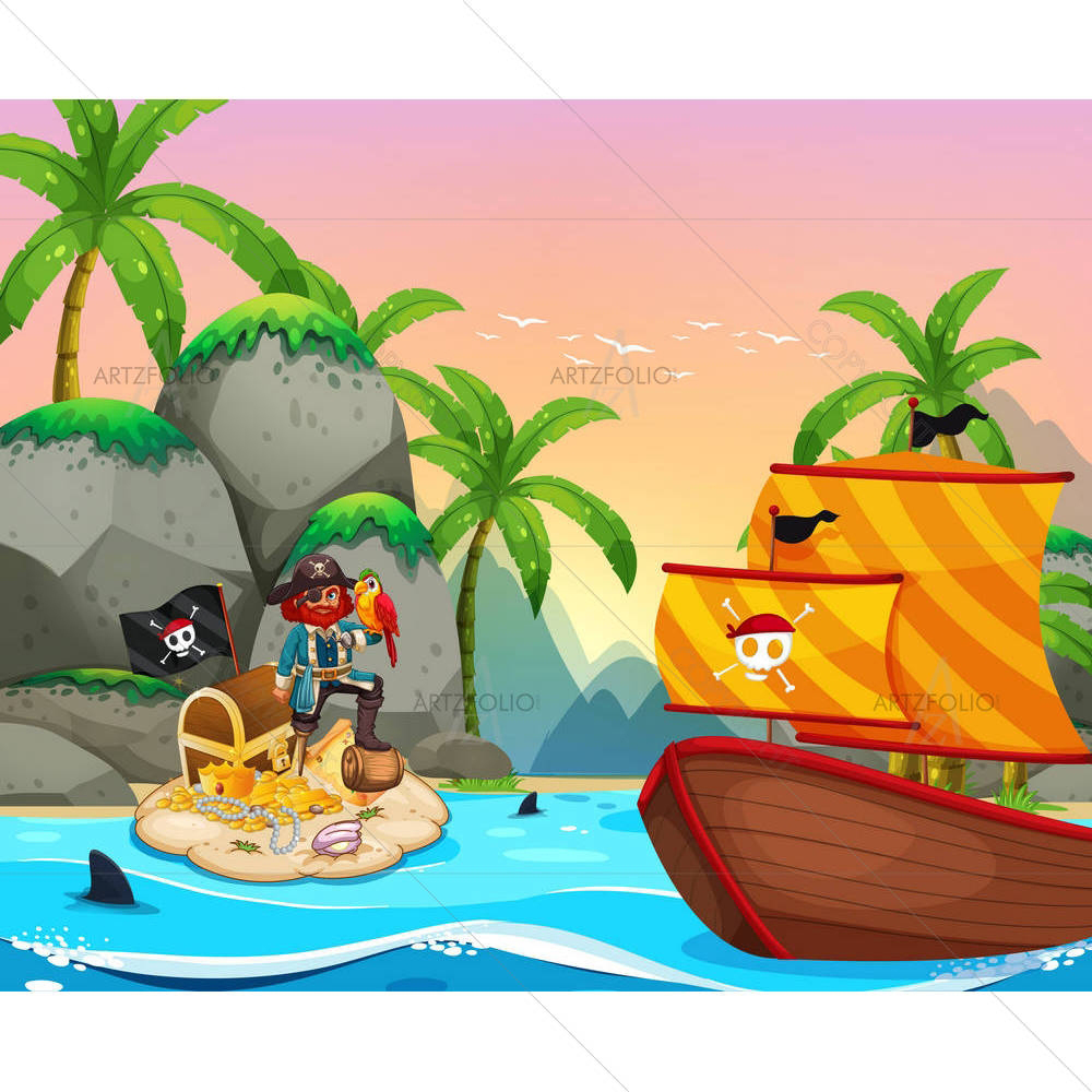 Ocean Scene With Pirate & Treassure — custom-size art design 5005387